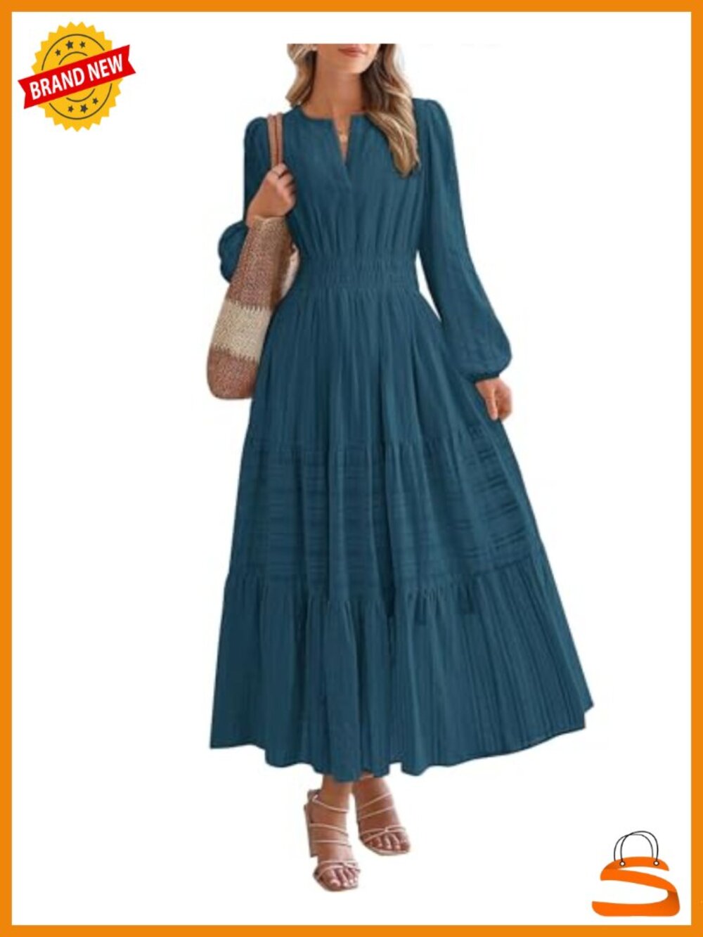 Women's Long Sleeve Maxi Dress V-Neck Flowy Casual Wedding Guest Dress with